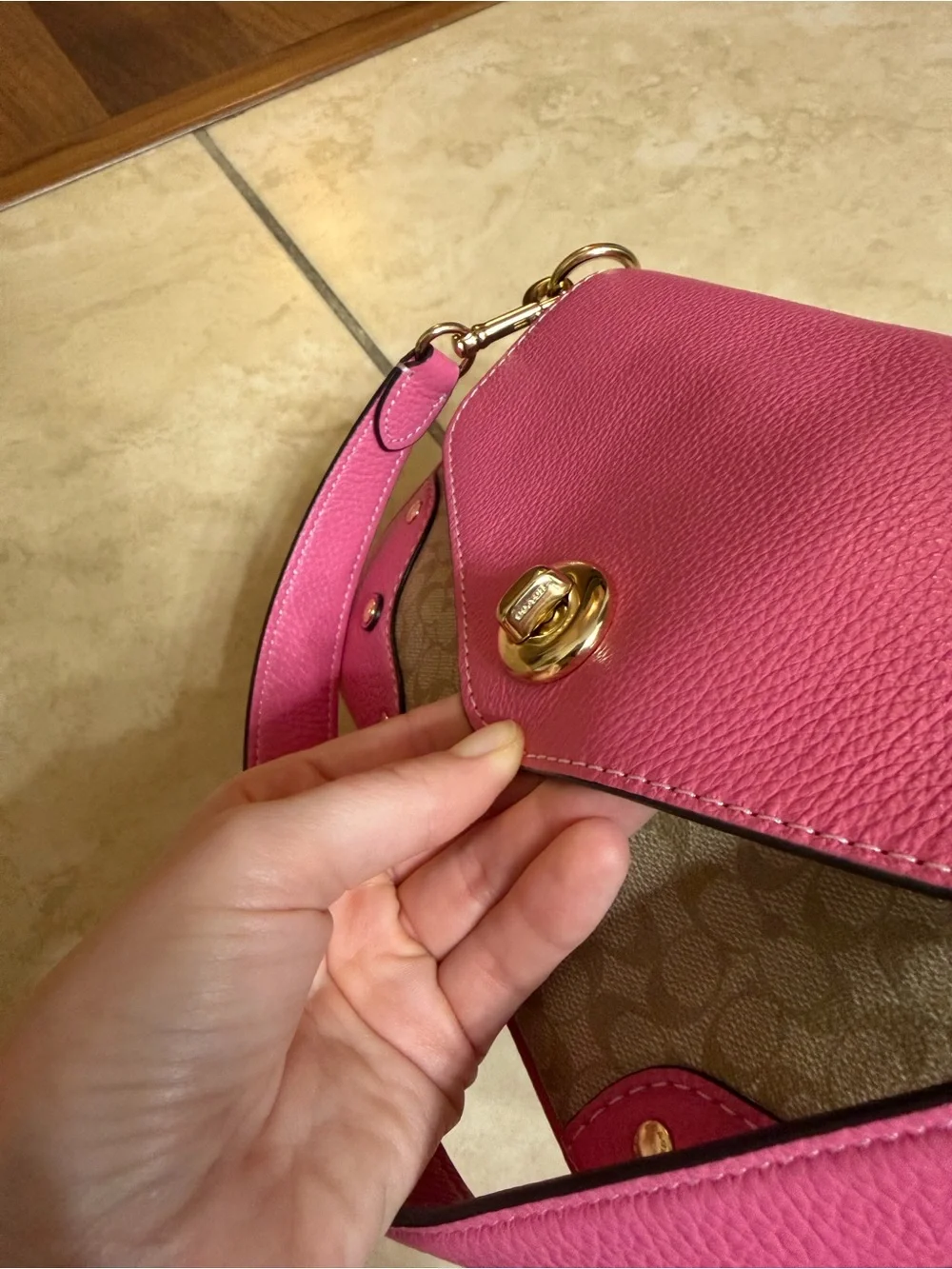 Coach Pink Signature Canvas Shoulder Bag with Gold Hardware